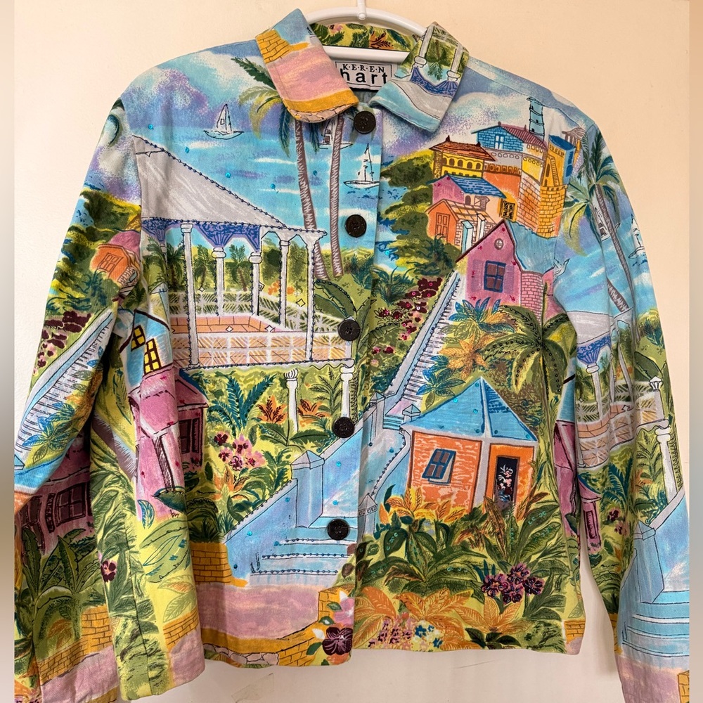 Keren Hart Colorful Scenic Village Print Button Jacket Women’s Large